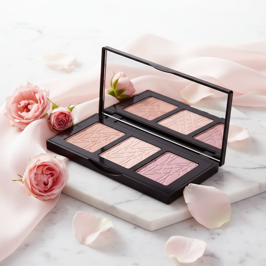 Makeup palette with pink shades on a white background
